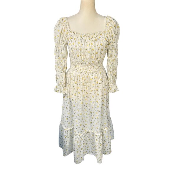 Rahi Ditsy Floral Yellow Print Smocked Nap Puff Sleeve Long Sleeve Midi Dress Si - Picture 1 of 7